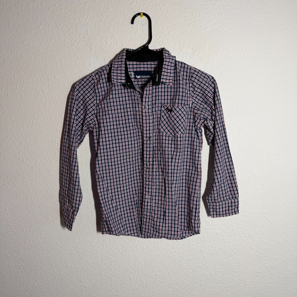 Ferrioni Shirt Boys 12 Red Blue Plaid Long Sleeve Chest Pocket Classic Button Up